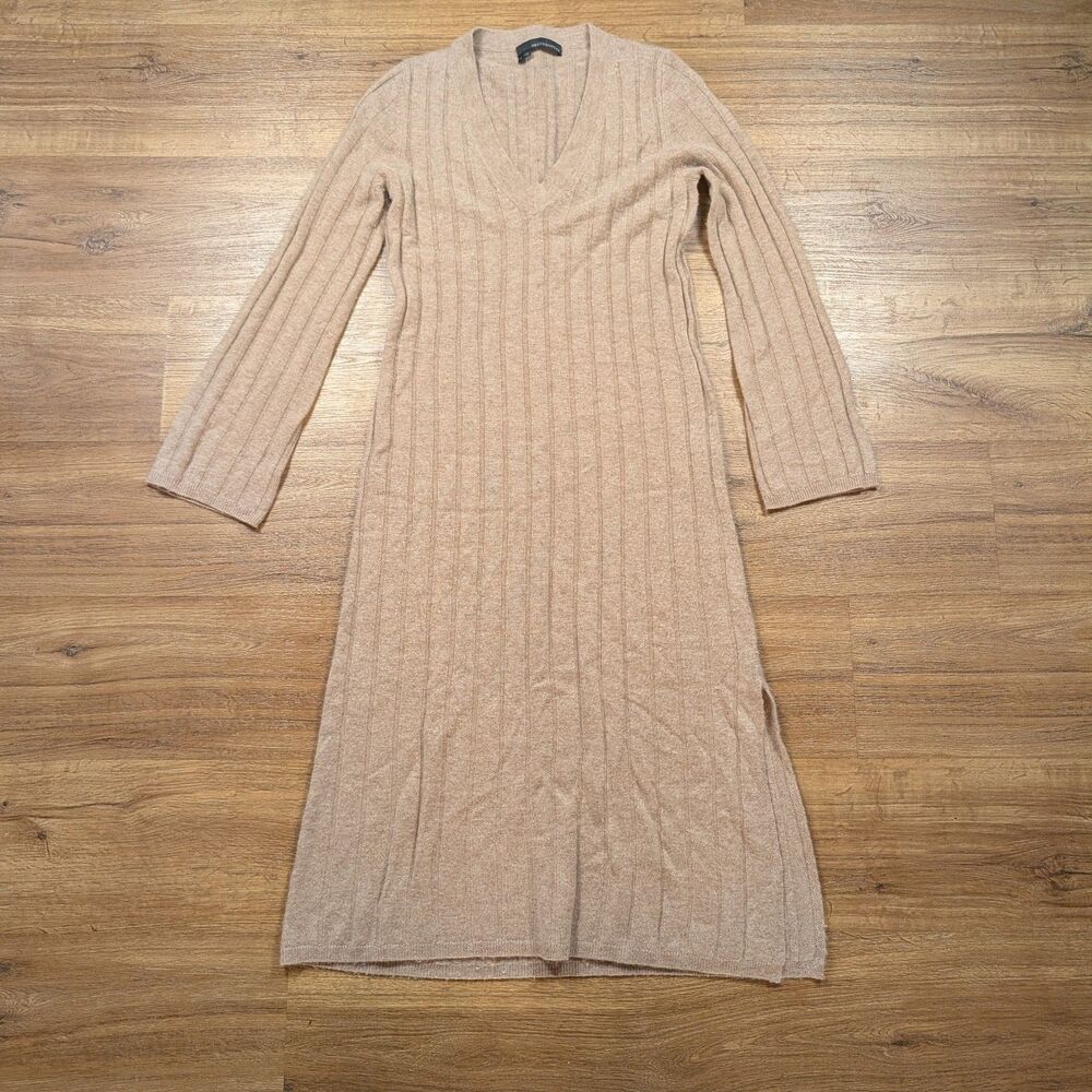 360 Cashmere Sweater Dress Womens M Beige Ribbed V Neck Long Sleeve Knit